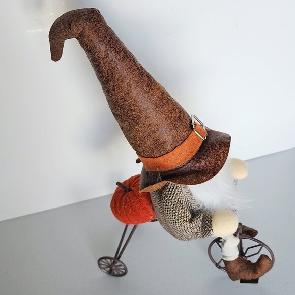 THANKSGIVING GNOME Riding a Bicycle w/ Felt Plush Orange Pumpkin on Bike - Picture 3 of 8